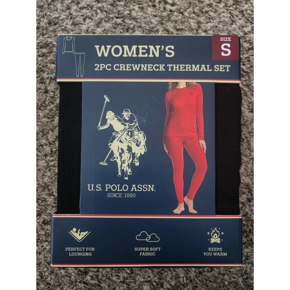 US Polo Assn Womens 2PC‎ Crewneck Thermal Set Black Ribbed Base Layer Small NIB